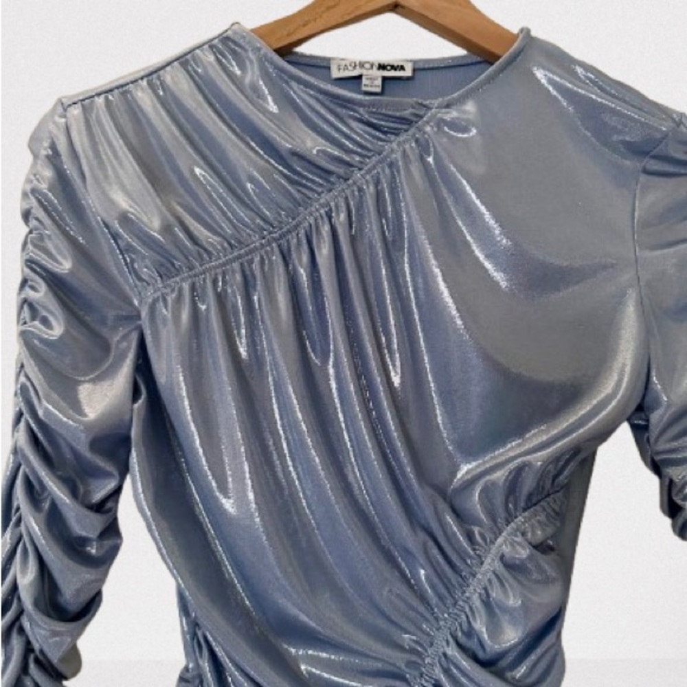 Fashion Nova Metallic Blue Gathered Top